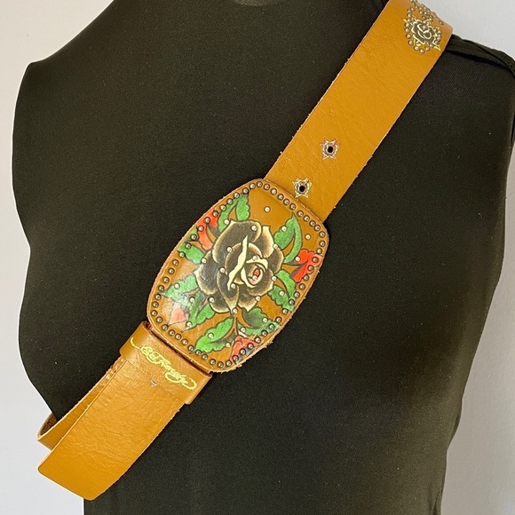 Ed Hardy Leather Belt Yellow Rose Tattoo Buckle Adjustable Size L Vintage Style main image 14